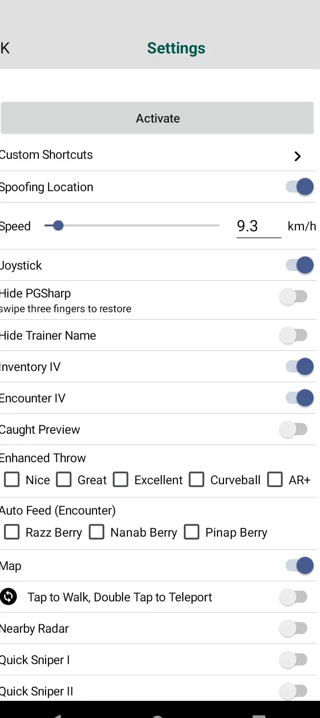 PGSharp settings panel with spoofing location, speed and joystick switches